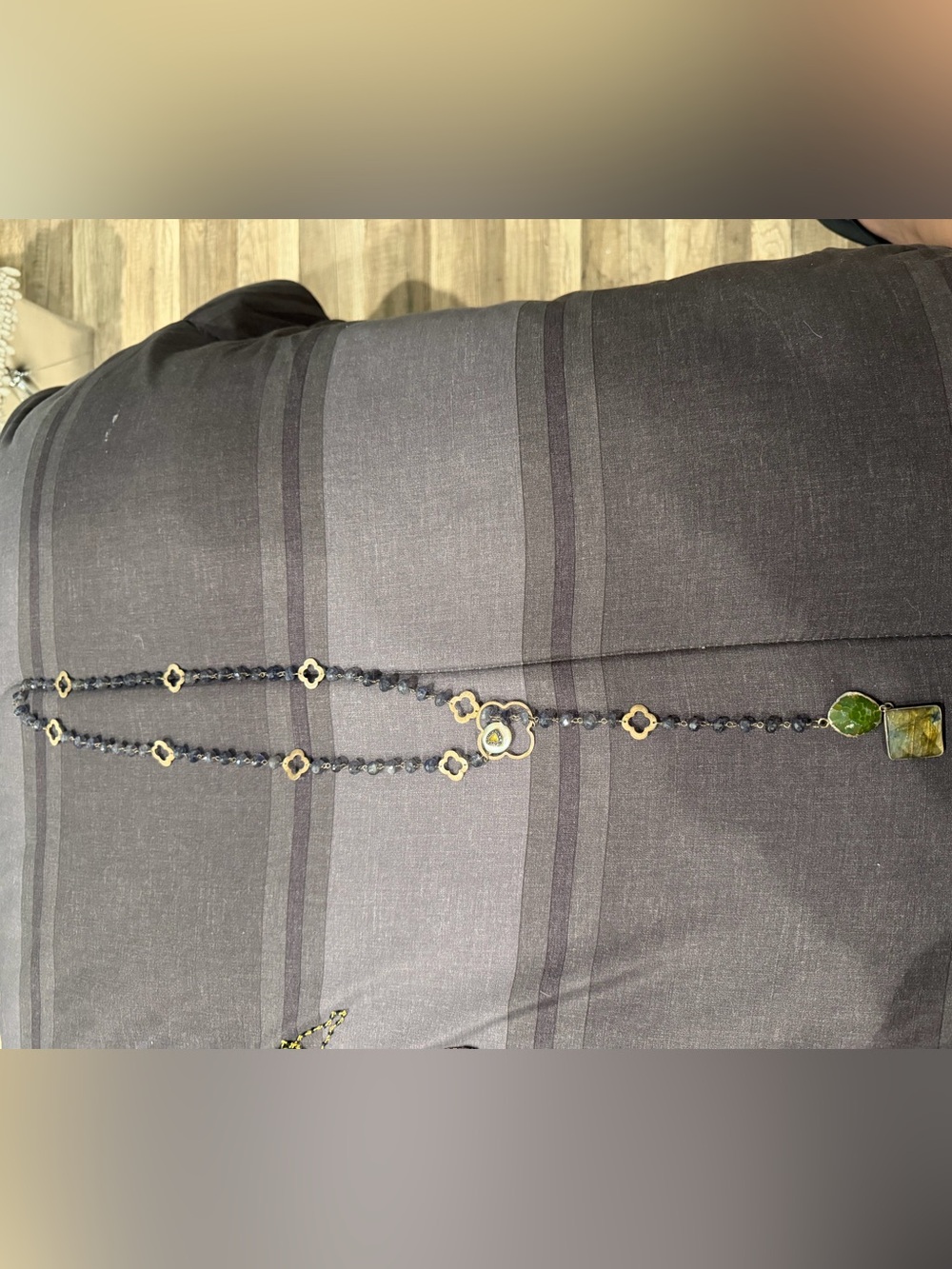 Gold Clover Pendant Long Necklace with Black Beads